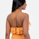 Maya Orange Embellished Halter Neck Ruffled Maxi Dress