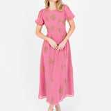 Maya Rosey Pink Floral Motif Short Sleeve Midaxi Dress with Self-Tie Keyhole Back