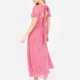 Maya Rosey Pink Floral Motif Short Sleeve Midaxi Dress with Self-Tie Keyhole Back