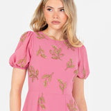 Maya Rosey Pink Floral Motif Short Sleeve Midaxi Dress with Self-Tie Keyhole Back