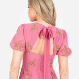 Maya Rosey Pink Floral Motif Short Sleeve Midaxi Dress with Self-Tie Keyhole Back