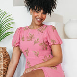 Maya Rosey Pink Floral Motif Short Sleeve Midaxi Dress with Self-Tie Keyhole Back