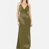 Maya Olive Palm Leaf Embellished Strappy Cross Back Maxi Dress