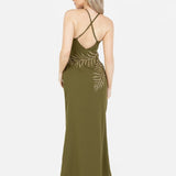 Maya Olive Palm Leaf Embellished Strappy Cross Back Maxi Dress