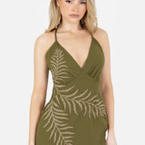 Maya Olive Palm Leaf Embellished Strappy Cross Back Maxi Dress
