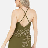 Maya Olive Palm Leaf Embellished Strappy Cross Back Maxi Dress