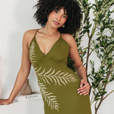 Maya Olive Palm Leaf Embellished Strappy Cross Back Maxi Dress