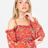 Anaya With Love Recycled Floral Print Bardot Long Sleeve Mini Dress