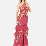 Maya Hot Pink Floral Embellished Halter Neck Maxi Dress