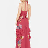 Maya Hot Pink Floral Embellished Halter Neck Maxi Dress