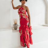 Maya Hot Pink Floral Embellished Halter Neck Maxi Dress