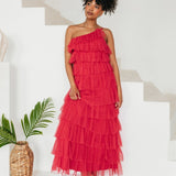 Anaya With Love Recycled Paradise Pink One Shoulder Tiered Ruffle Maxi Dress