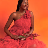 Anaya With Love Recycled Red Waterfall One Shoulder Maxi Dress
