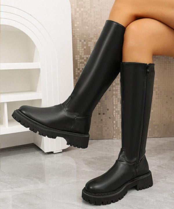 MINDA™ - Knee-High Motorcycle Boots for Women Smooth PU Leather Zipper Boots