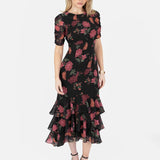 Anaya With Love Recycled Black Floral Short Ruched Sleeve & Keyhole Back Midi Dress