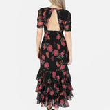 Anaya With Love Recycled Black Floral Short Ruched Sleeve & Keyhole Back Midi Dress