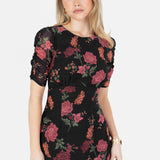 Anaya With Love Recycled Black Floral Short Ruched Sleeve & Keyhole Back Midi Dress