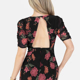 Anaya With Love Recycled Black Floral Short Ruched Sleeve & Keyhole Back Midi Dress