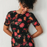 Anaya With Love Recycled Black Floral Short Ruched Sleeve & Keyhole Back Midi Dress