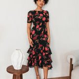 Anaya With Love Recycled Black Floral Short Ruched Sleeve & Keyhole Back Midi Dress