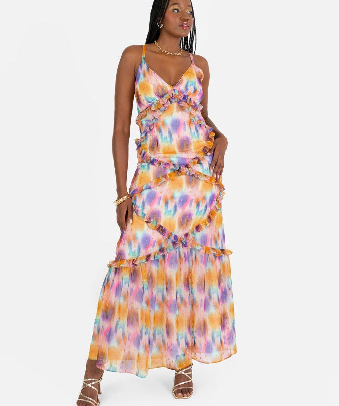 Anaya With Love Recycled Strappy Maxi Dress with Frill & Metallic Flock Detail