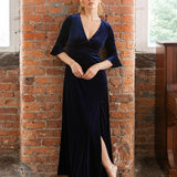Maya Navy V Neck 3/4 Flute Sleeve Velvet Maxi Dress
