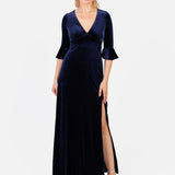 Maya Navy V Neck 3/4 Flute Sleeve Velvet Maxi Dress