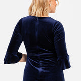 Maya Navy V Neck 3/4 Flute Sleeve Velvet Maxi Dress
