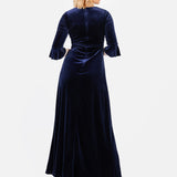 Maya Navy V Neck 3/4 Flute Sleeve Velvet Maxi Dress