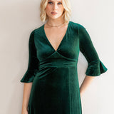 Maya Emerald Green V Neck 3/4 Flute Sleeve Velvet Maxi Dress