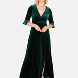 Maya Emerald Green V Neck 3/4 Flute Sleeve Velvet Maxi Dress