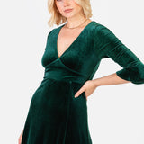 Maya Emerald Green V Neck 3/4 Flute Sleeve Velvet Maxi Dress