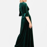 Maya Emerald Green V Neck 3/4 Flute Sleeve Velvet Maxi Dress