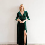 Maya Emerald Green V Neck 3/4 Flute Sleeve Velvet Maxi Dress