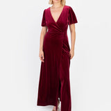 Maya Cranberry Faux Wrap Short Sleeve Velvet Maxi Dress