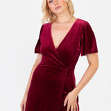 Maya Cranberry Faux Wrap Short Sleeve Velvet Maxi Dress