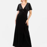 Maya Black Faux Wrap Short Sleeve Velvet Maxi Dress