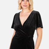 Maya Black Faux Wrap Short Sleeve Velvet Maxi Dress