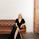 Maya Black Faux Wrap Short Sleeve Velvet Maxi Dress