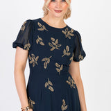 Maya Navy Embellished Short Sleeve Maxi Dress with Open Back