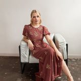 Maya Copper Rose Embellished Short Sleeve Maxi Dress with Open Back