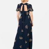 Maya Navy Embellished Short Sleeve Maxi Dress with Open Back