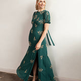 Maya Emerald Embellished Short Sleeve Maxi Dress with Open Back