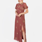 Maya Copper Rose Embellished Short Sleeve Maxi Dress with Open Back