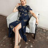 Maya Navy Embellished Short Sleeve Maxi Dress with Open Back