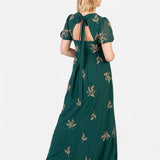 Maya Emerald Embellished Short Sleeve Maxi Dress with Open Back