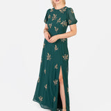 Maya Emerald Embellished Short Sleeve Maxi Dress with Open Back