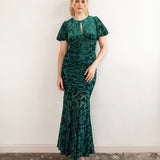 Maya Teal Flocked Velvet Ruched Maxi Dress