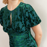Maya Teal Flocked Velvet Ruched Maxi Dress