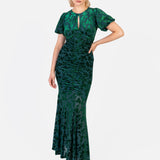 Maya Teal Flocked Velvet Ruched Maxi Dress